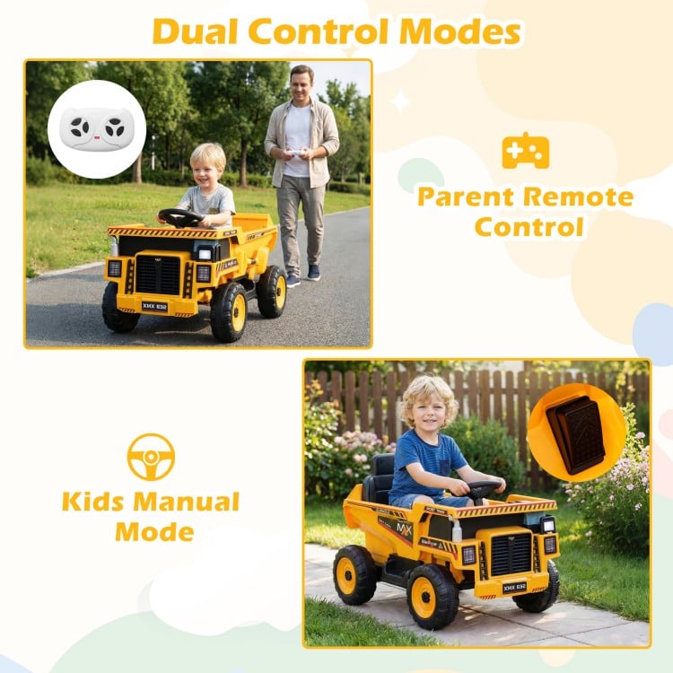 Yellow 24V construction electric vehicle with remote control and dump bed, ideal for kids aged 3-8 for outdoor fun.