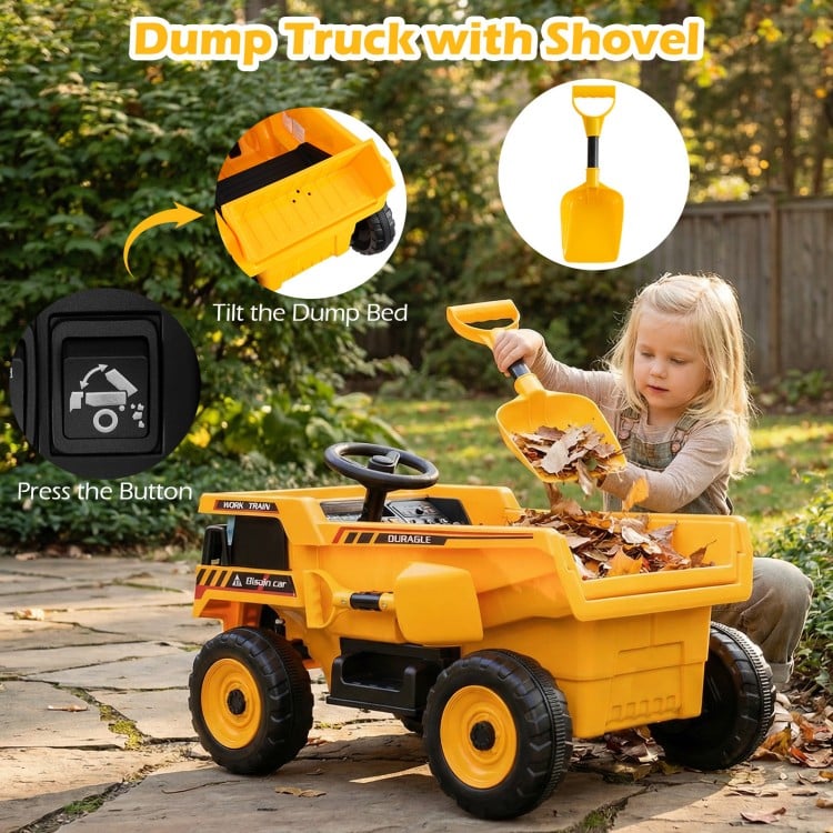 Yellow dump truck toy with shovel, featuring a tilt bed and parent remote control for kids aged 3-8 years.