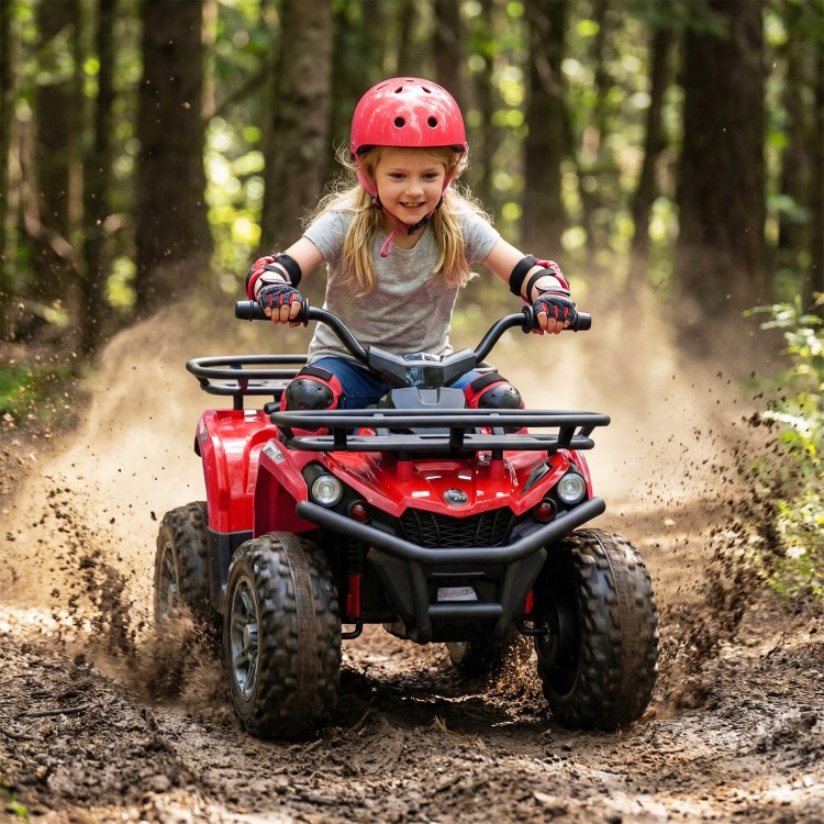 Child riding the red 24V Electric Ride On Quad through dirt, featuring LED headlights and wear-resistant wheels for.