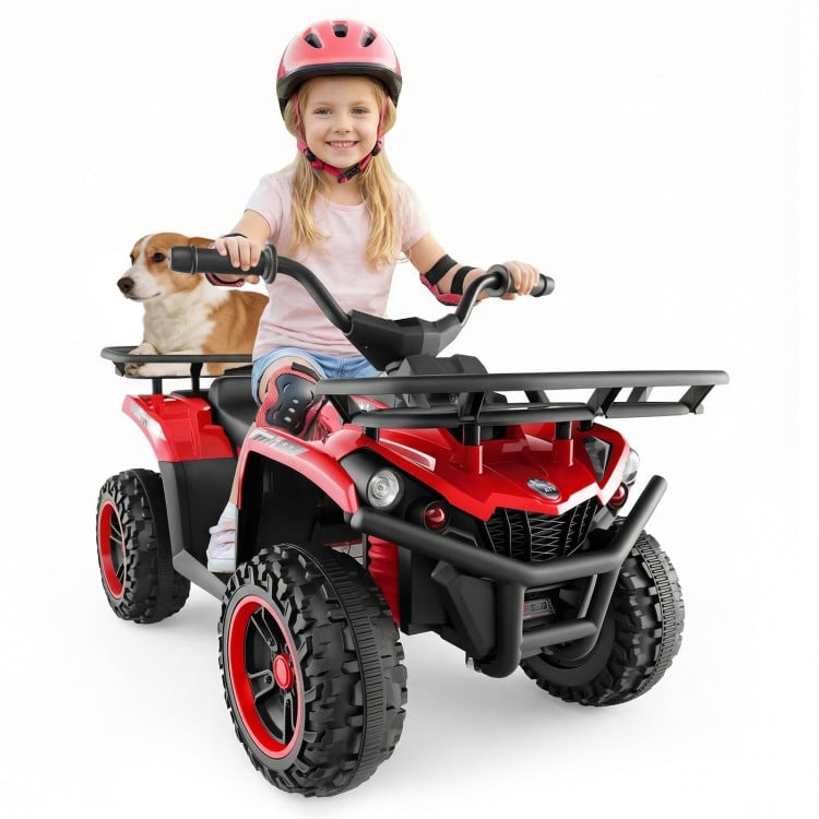 Red 24V electric ride-on quad with LED headlights, featuring a child and dog, designed for backyard fun and adventure.