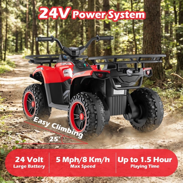 24V Electric Ride On Quad in red with LED headlights, designed for kids, featuring wear-resistant wheels for various.