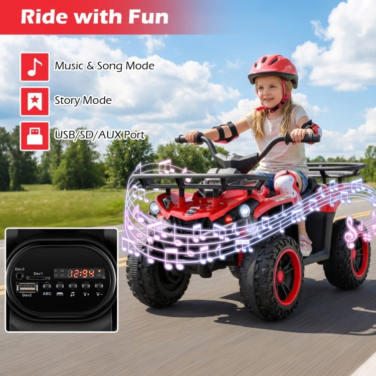 Electric ride-on quad in red with LED headlights, featuring music modes and a 24V battery for fun outdoor adventures.