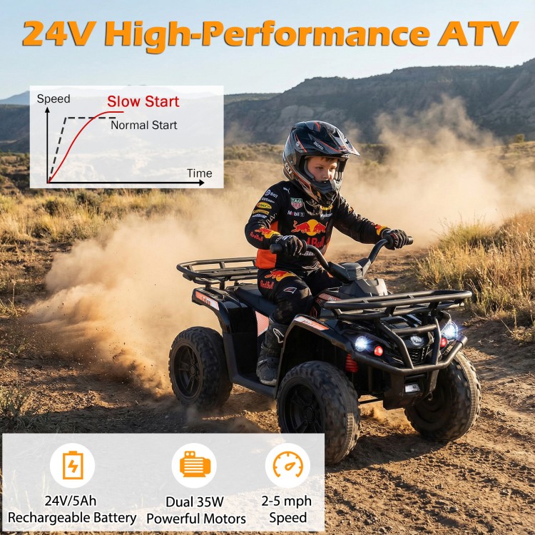 24V electric ride-on quad in black with LED headlights, designed for 2-5 mph speeds, perfect for outdoor adventures.