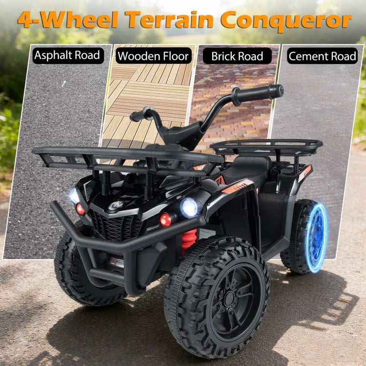 24V electric ride-on quad in black with LED headlights, suitable for various terrains like asphalt and brick roads.