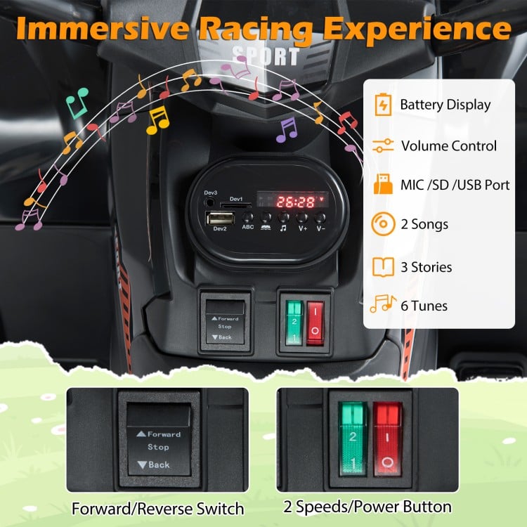Control panel of the 24V Electric Ride On Quad featuring battery display, volume control, and forward/reverse switch.