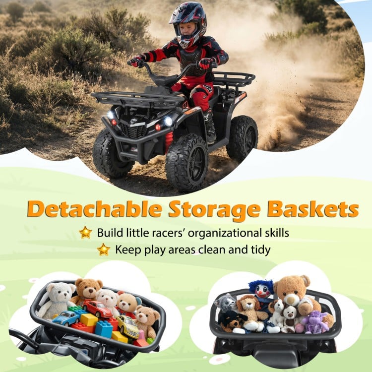 24V electric ride-on quad in black with LED headlights, featuring detachable storage baskets for toys and organization.