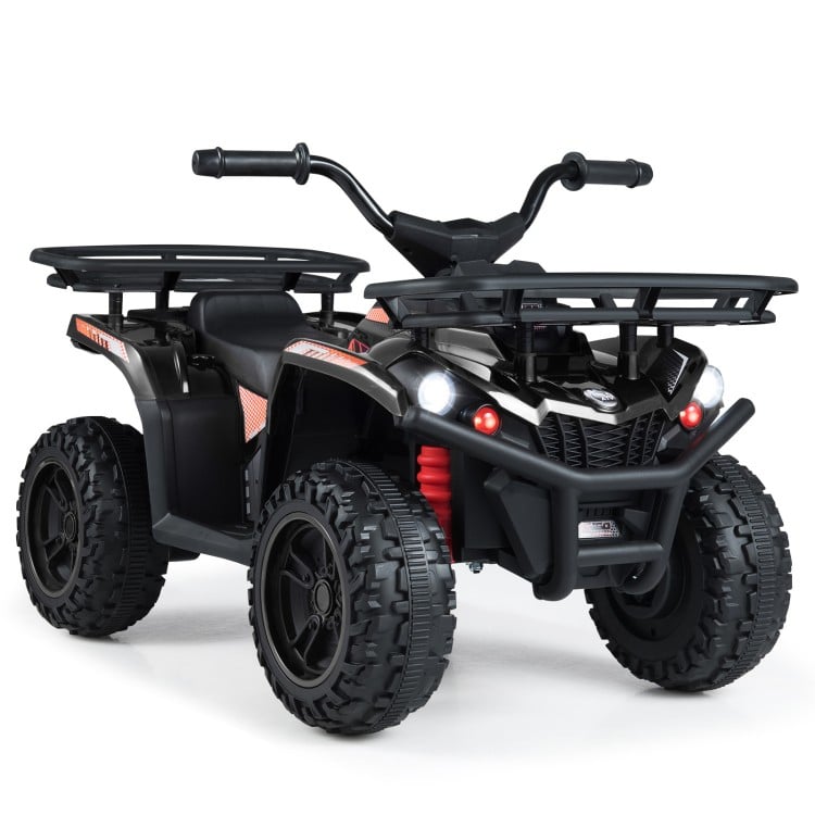 24V electric ride-on quad in black with LED headlights, designed for kids' outdoor fun and adventure.