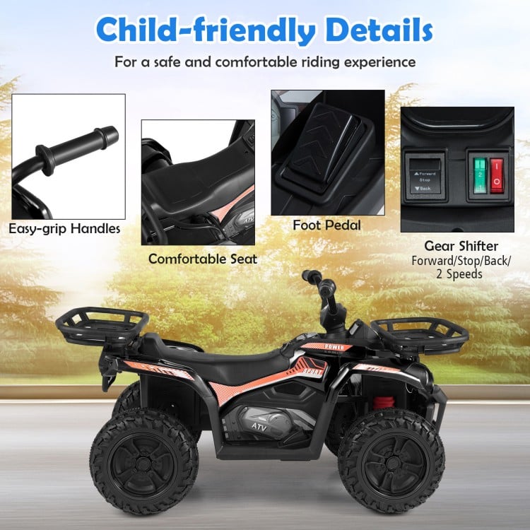 Electric ride-on quad with easy-grip handles, comfortable seat, foot pedal, and gear shifter for kids' safe riding.