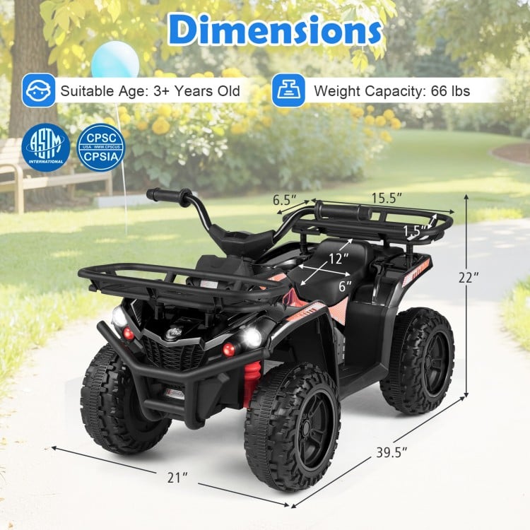 24V Electric Ride On Quad in black with LED headlights, dimensions 39.5" x 21" for kids aged 3+ years.