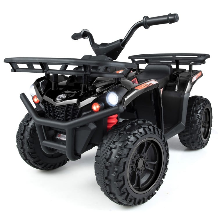24V electric ride-on quad in black with LED headlights, perfect for adventurous outdoor play.