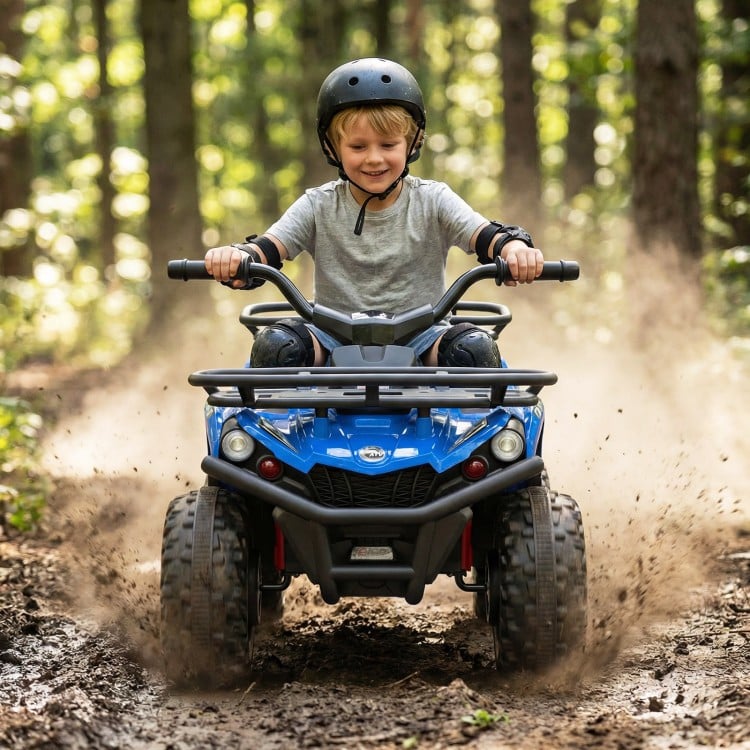 Electric 24V ride-on quad in blue features LED headlights, powerful motors, and wear-resistant wheels for outdoor fun.