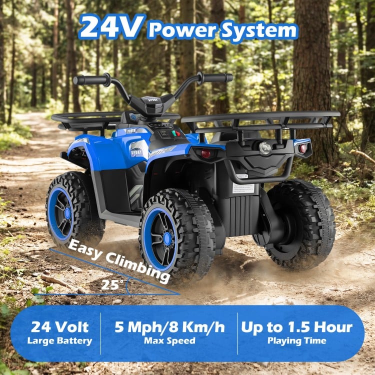 Electric 24V ride-on quad in blue features LED headlights, durable wheels, and a 30° climbing capability for outdoor fun.