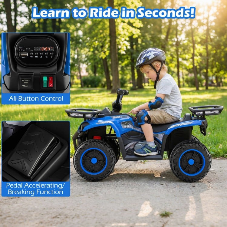 Electric 24V ride-on quad in blue features LED headlights, wear-resistant wheels, and dual motors for backyard fun.