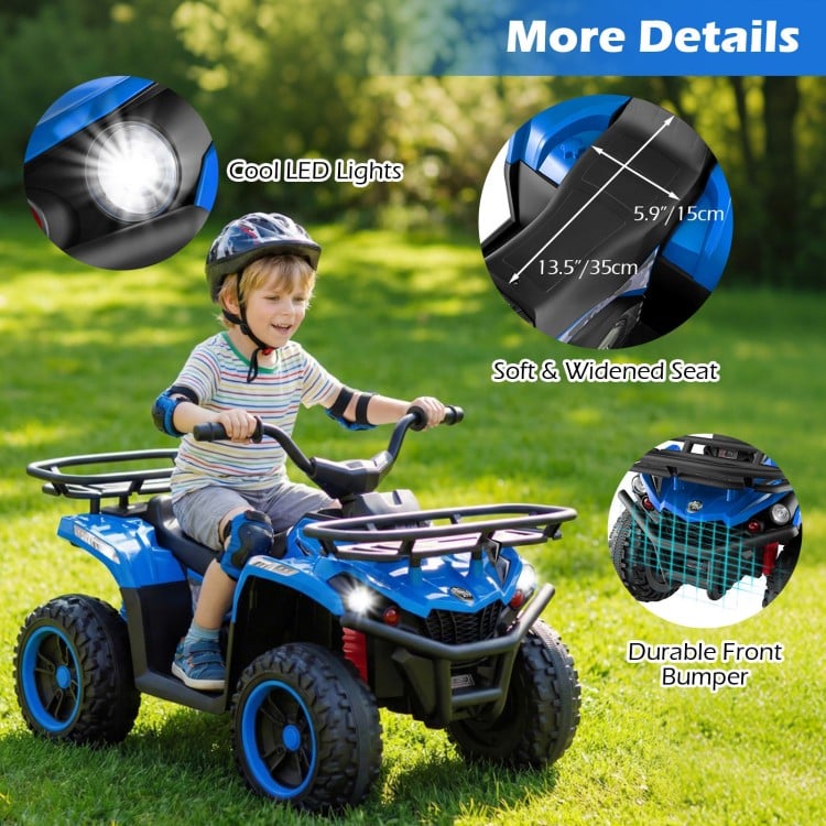 Electric ride-on quad in blue with LED headlights, soft seat, and durable front bumper for safe outdoor fun.