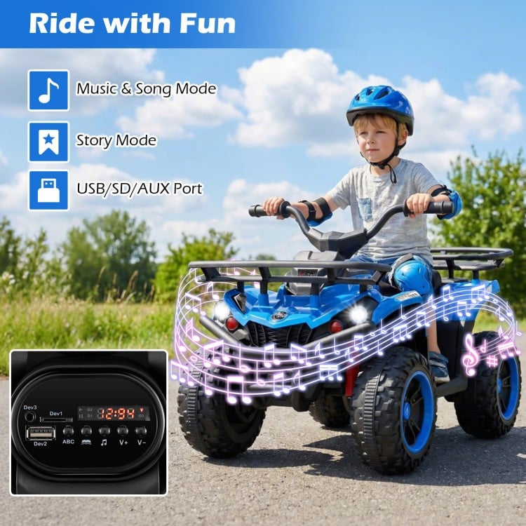Electric 24V ride-on quad in blue features LED headlights, dual motors, and music modes for fun outdoor adventures.