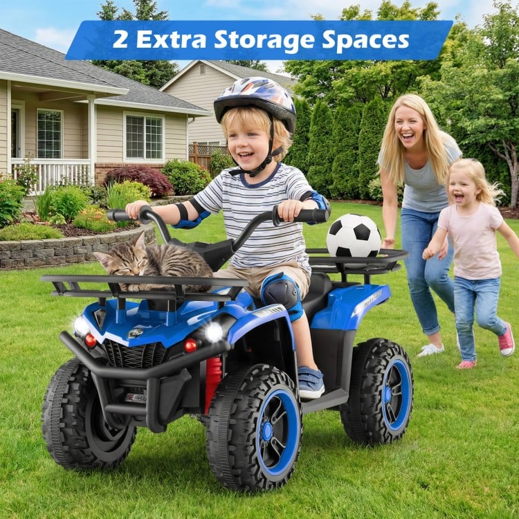 Electric ride-on quad in blue with LED headlights, featuring storage space and wear-resistant wheels for outdoor fun.