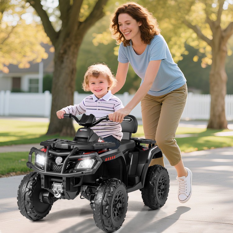 Kids 24V ATV in black with two seats, LED lights, and music, ideal for outdoor fun and smooth rides on various terrains.