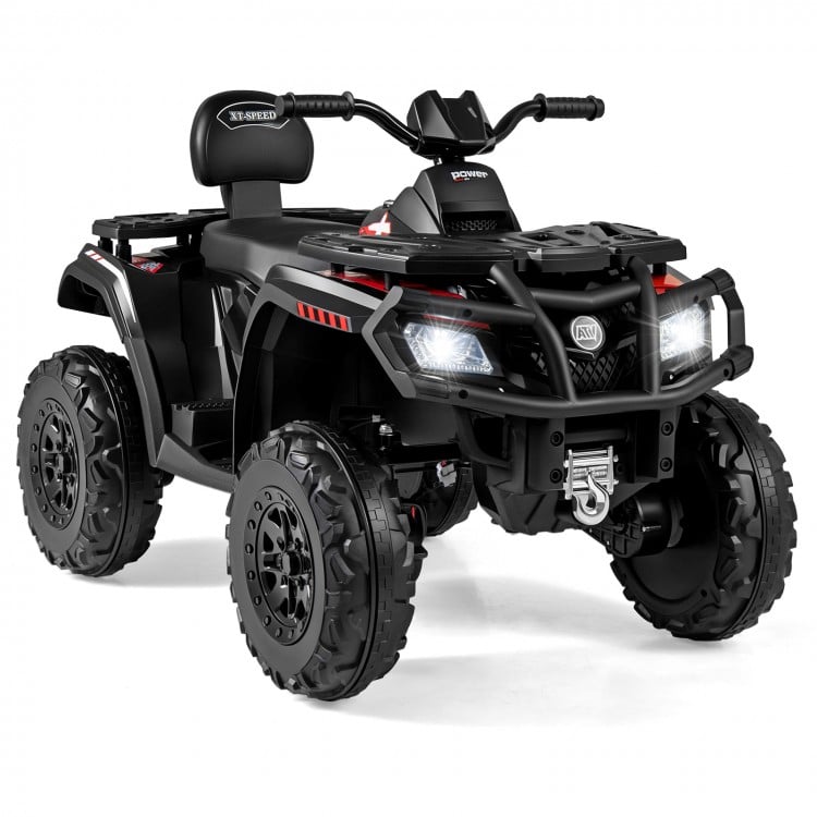 Kids 24V ATV in black with 2 seats, LED lights, and 4 motors, ideal for various terrains and ages 3-8.