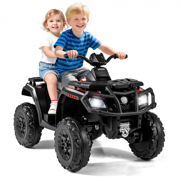 Two children riding a black 24V kids ATV with LED lights, featuring two seats and four powerful motors for fun.