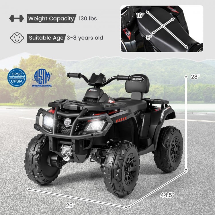 Black 24V kids ATV with 2 seats, 4 motors, LED lights, and music, designed for ages 3-8, ideal for various terrains.