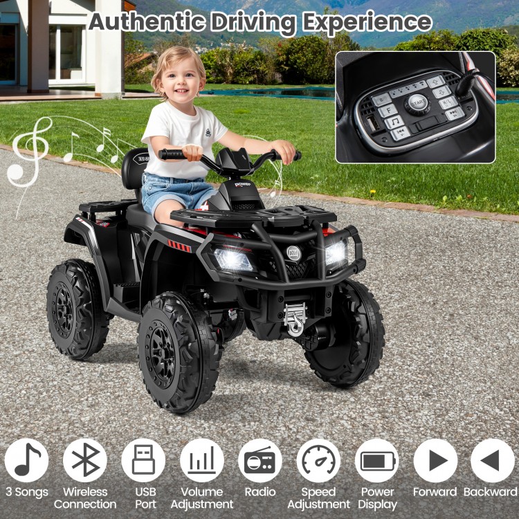 Kids 24V ATV in black with two seats, LED lights, and music features for an authentic driving experience.