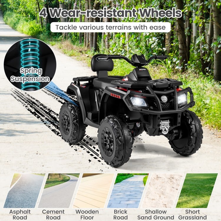 24V kids ATV with 4 motors and 2 seats, featuring wear-resistant wheels for smooth rides on various terrains.