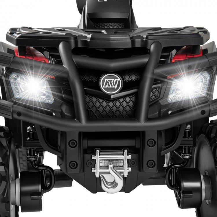 Front view of the 24V kids ATV with LED headlights, showcasing its robust design and dual seating for young riders.
