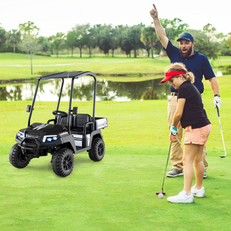 Kids golf cart in black with detachable awning, 2-seater design, and storage trunk for outdoor fun.