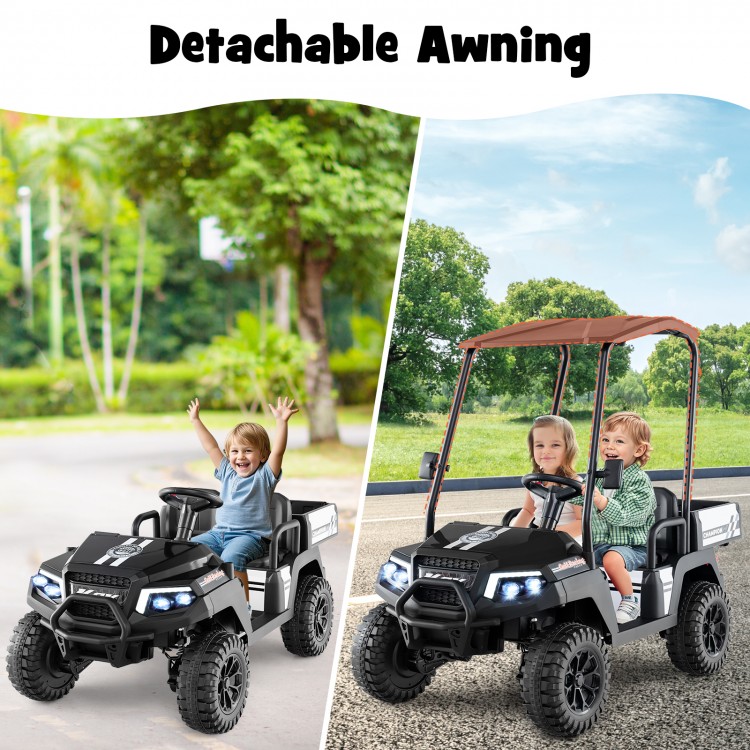 24V kids golf cart in black with detachable awning, featuring 2 seats, storage trunk, and powerful 4WD performance.