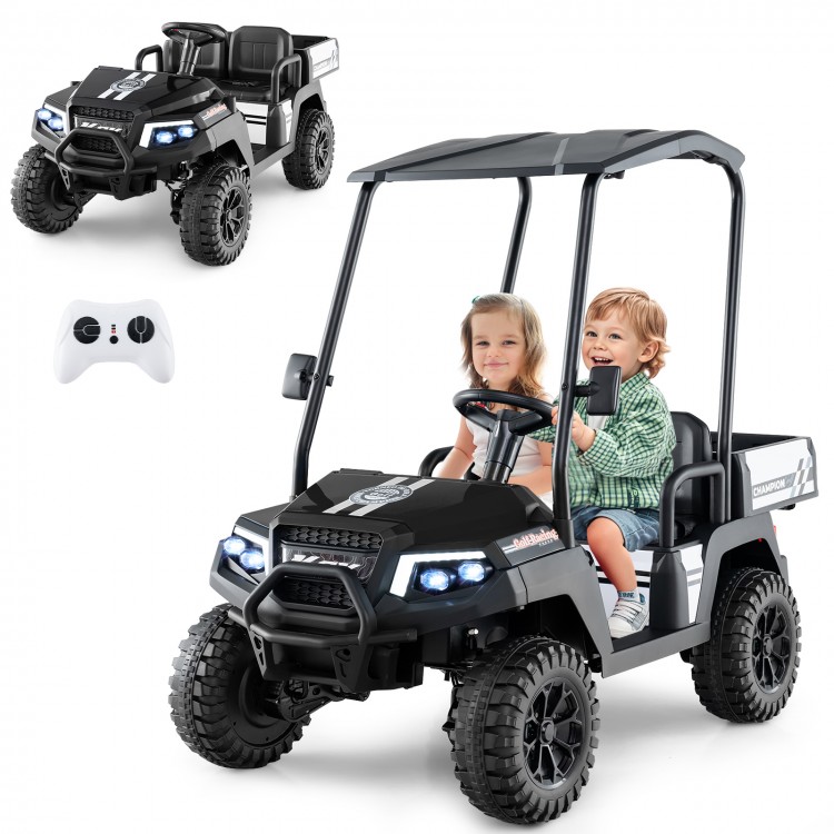 Kids 24V black golf cart ride-on car with detachable awning, 2-seater, storage trunk, and parent control mode.