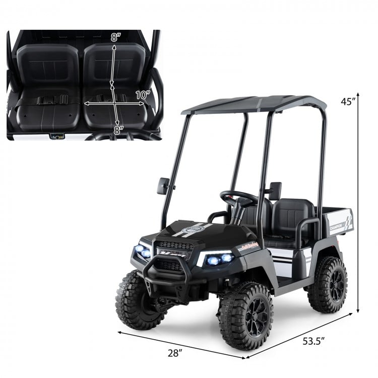 Kids 24V golf cart ride-on car in black with detachable awning, two seats, storage trunk, and safety features.