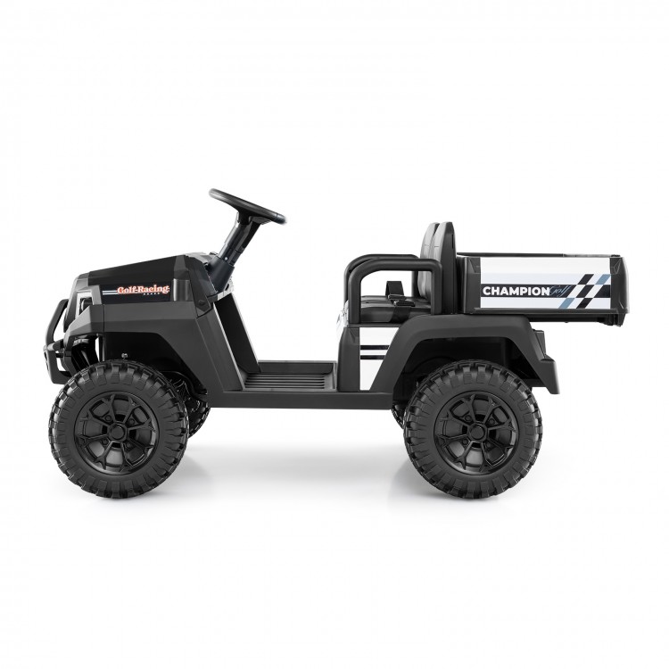 Black 24V kids golf cart ride-on car with 4WD, two seats, storage trunk, and horn for outdoor fun.