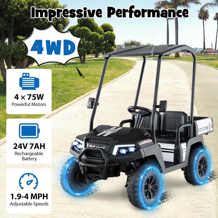 Black 24V kids golf cart with 4WD, 2 seats, storage trunk, and detachable awning for safe outdoor fun.