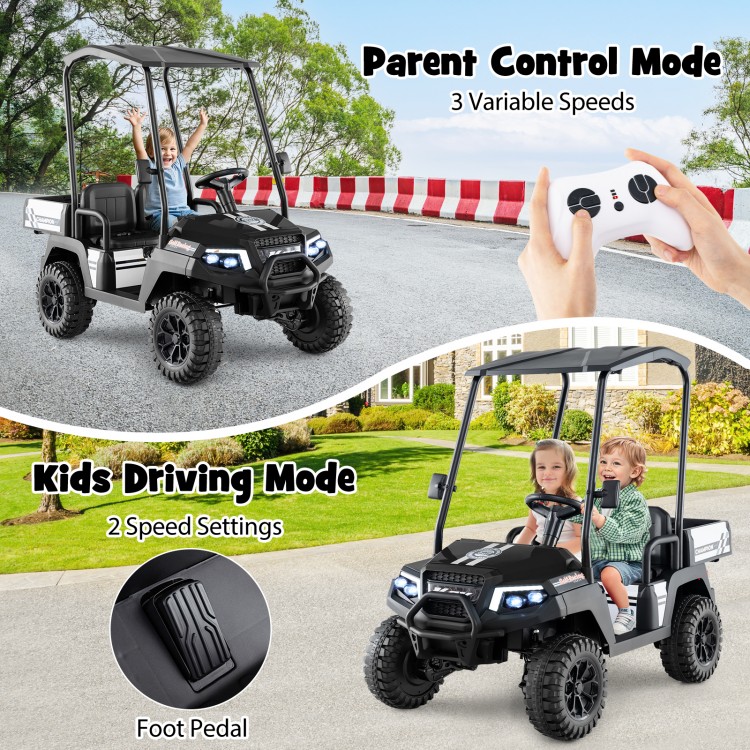 24V kids golf cart in black with parent control mode, 2-seater design, and storage trunk for outdoor fun.