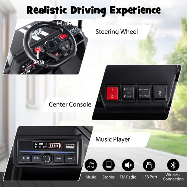 Steering wheel and center console of the 24V Kids Golf Cart with music player, horn, and control buttons for fun.
