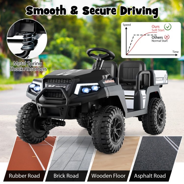 Kids 24V 2-seater golf cart in black with metal spring shock absorbers, storage trunk, and safety belts for outdoor fun.