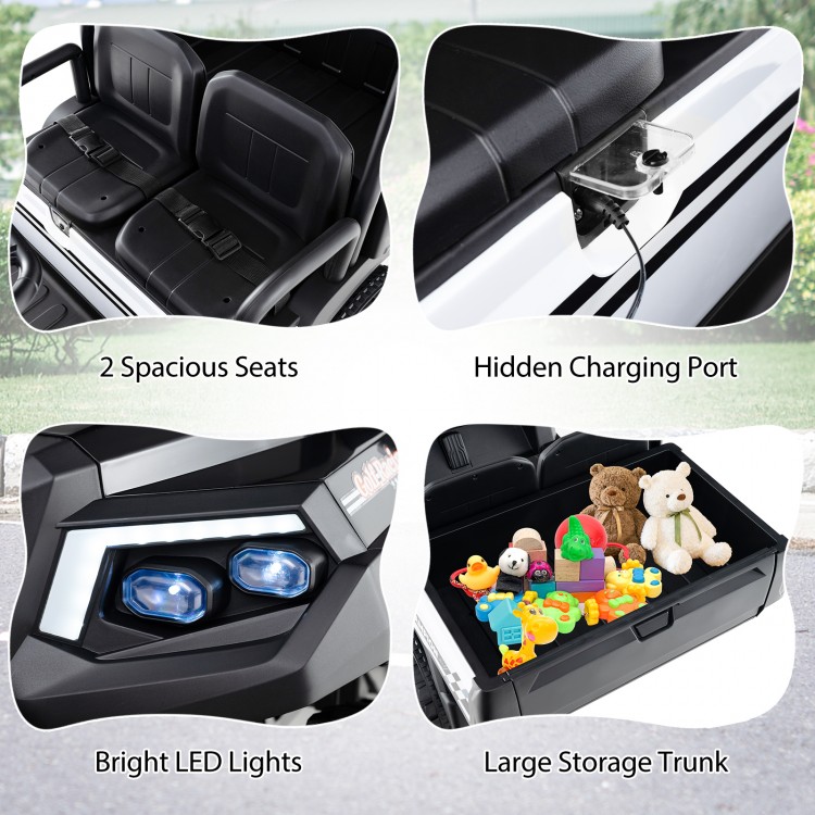 Two spacious seats of the black 24V kids golf cart with a large storage trunk for toys and essentials.