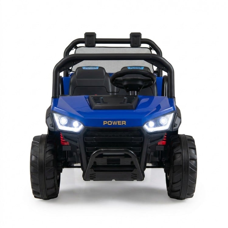 Front view of the 24V kids ride-on dump truck in blue, featuring LED lights and a 2-seater design for outdoor fun.