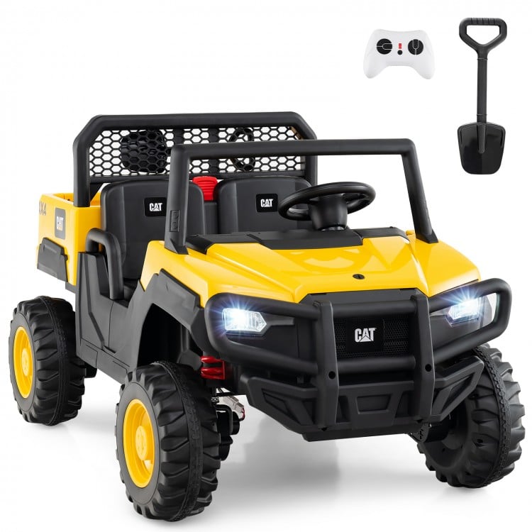 Yellow 24V licensed Caterpillar ride-on dump truck for kids, featuring remote control, tiltable dump bed, and LED.