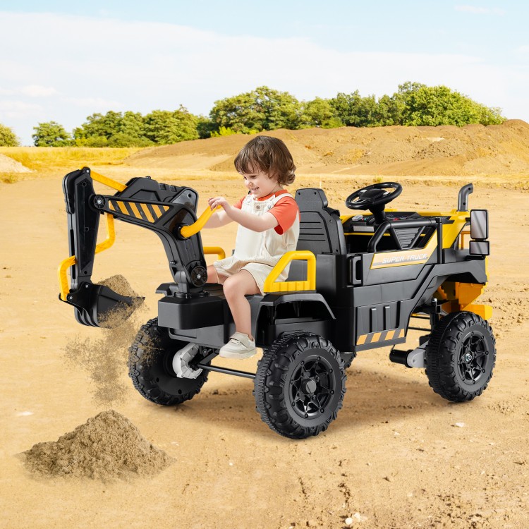 Child operating a yellow 24V ride-on excavator with digging arm, designed for imaginative play and outdoor fun.