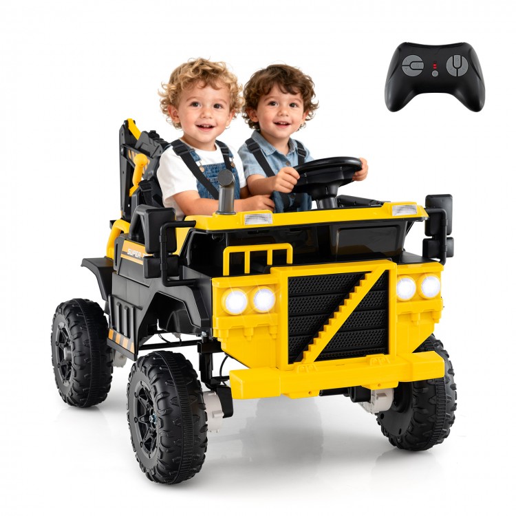 Two kids enjoying the 24V yellow ride-on excavator with remote control and digging arm, perfect for imaginative play.