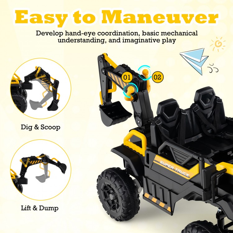 24V yellow ride-on excavator with remote control, featuring a digging arm for scooping and lifting, ideal for.