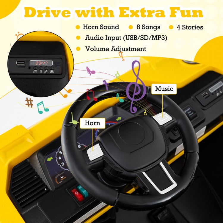 Steering wheel of the 24V Ride On Excavator in yellow, featuring audio controls and fun sound effects for kids.