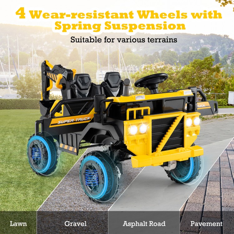 Yellow 24V ride-on excavator with 4 wear-resistant wheels, suitable for gravel, pavement, and lawn terrains.