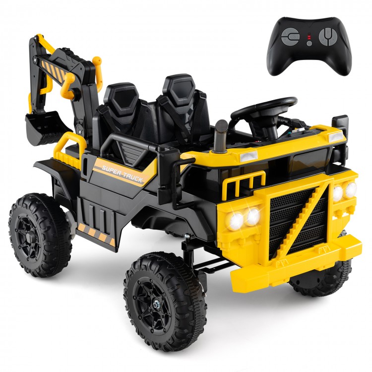 Yellow 24V ride-on excavator with remote control, 2-seater, digging arm, and 4WD for outdoor fun and imaginative play.