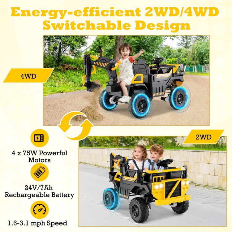 24V Ride On Excavator in yellow with 2-seater design, remote control, and switchable 2WD/4WD for outdoor fun.