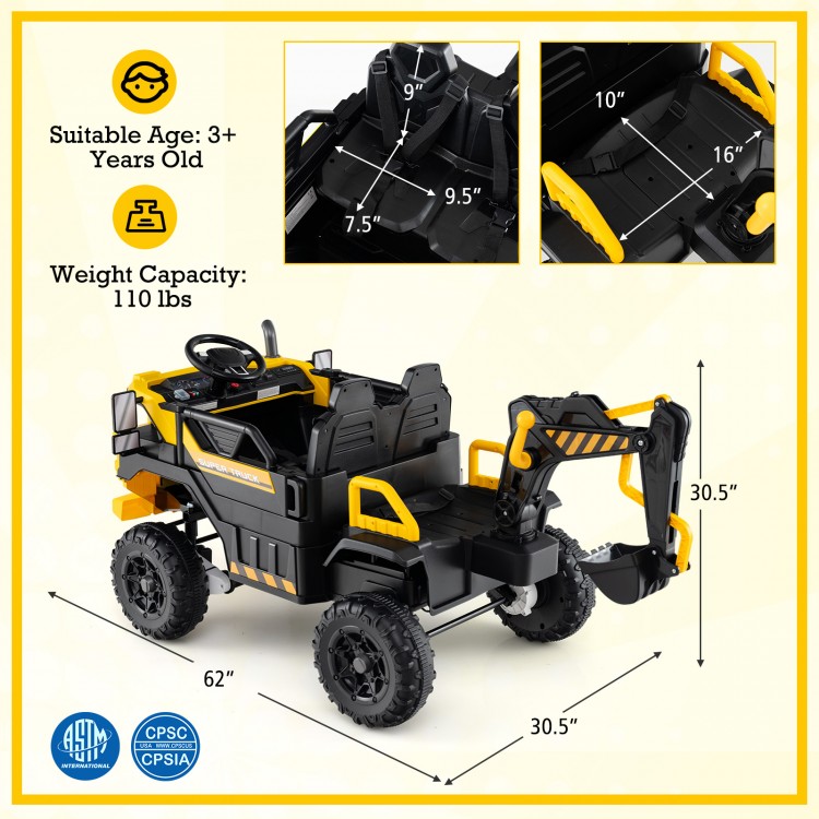 24V yellow ride-on excavator with remote control, 2-seater design, and digging arm for kids aged 3+ years.