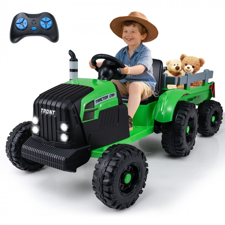 Green 24V ride-on tractor for kids with detachable trailer, remote control, and realistic features for outdoor fun.