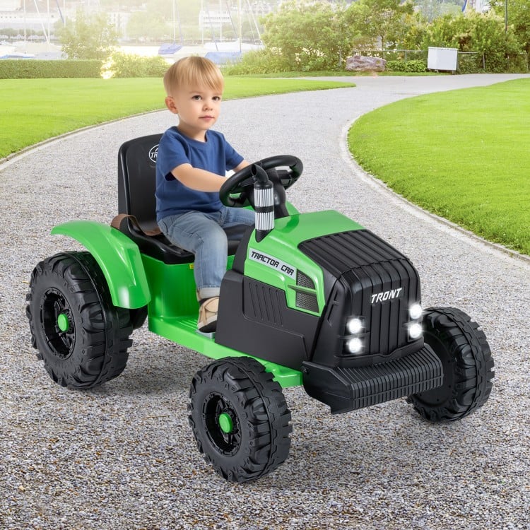 Kids' green 24V ride-on tractor with detachable trailer, remote control, and realistic features for outdoor fun.