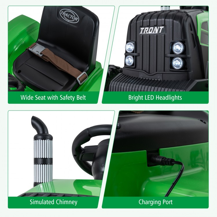 Wide seat with safety belt and bright LED headlights on the 24V Ride On Tractor for kids, perfect for outdoor.